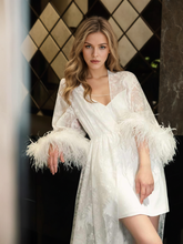 Load image into Gallery viewer, Luxury White Feather Trim Lace Long Robe Dress Set | Bridal Getting Ready &amp; Photoshoot Gown
