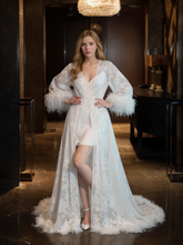 Load image into Gallery viewer, Luxury White Feather Trim Lace Long Robe Dress Set | Bridal Getting Ready &amp; Photoshoot Gown

