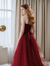 Load image into Gallery viewer, Elegant Strapless Burgundy Tulle Ball Gown with Corset Back and Ribbon Tie
