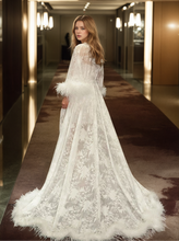Load image into Gallery viewer, Luxury White Feather Trim Lace Long Robe Dress Set | Bridal Getting Ready &amp; Photoshoot Gown

