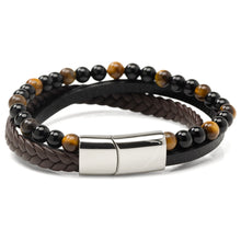 Load image into Gallery viewer, Stainless Steel Stacked Brown Leather Bracelet with Tigers Eye
