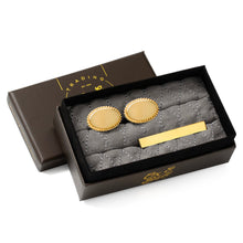 Load image into Gallery viewer, 14K Gold Plated Rope Border Oval Cufflinks and Tie Bar Gift Set

