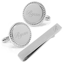Load image into Gallery viewer, Engravable Rope Border Round Cufflinks and Tie Bar Gift Set
