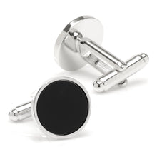 Load image into Gallery viewer, Round Silver Cufflink with Onyx Inlay
