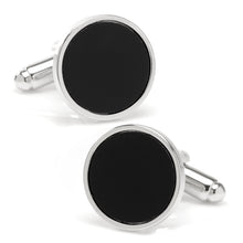 Load image into Gallery viewer, Round Silver Cufflink with Onyx Inlay
