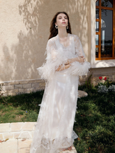 Load image into Gallery viewer, Ostrich Feather Sequin 3D Floral Lace Long Robe with Sequin Nightgown Set
