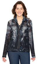 Load image into Gallery viewer, Women's Mesh Denim Look Printed Zip Front Jacket With Rhinestones
