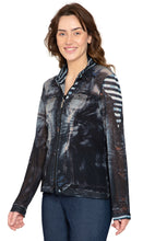 Load image into Gallery viewer, Women's Mesh Denim Look Printed Zip Front Jacket With Rhinestones
