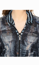 Load image into Gallery viewer, Women's Mesh Denim Look Printed Zip Front Jacket With Rhinestones
