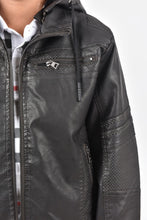 Load image into Gallery viewer, Kid&#39;s Black Hooded Washed Biker Jacket with Fur Lining
