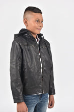 Load image into Gallery viewer, Kid&#39;s Black Hooded Washed Biker Jacket with Fur Lining
