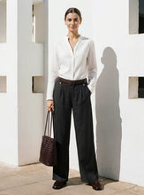 Load image into Gallery viewer, Linen-Lyocell Pleated Wide Leg Trousers with Back Elastic &amp; Button Detail AISLING
