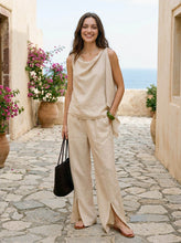 Load image into Gallery viewer, 100% Linen Lace-Panel Split-Hem Pants BRONTE

