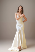 Load image into Gallery viewer, Goddess Style Pearl Beaded Spaghetti-straps Mermaid Satin wedding dress small train
