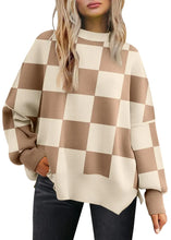 Load image into Gallery viewer, EFAN Women's Oversized Sweaters Fall Crewneck Batwing Sleeve Pullover Sweaters Small Khaki Plaid - # WOAA21510006-PRG
