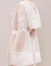 Load image into Gallery viewer, Romantic Sheer Lace Bridal Robe with cap and Bell Sleeves
