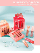 Load image into Gallery viewer, Mini Velvet Matte Lip Gloss Set 4 Piece Long Lasting Non Fading Non Stick Cup Fruit Scented Lip Tint Smooth Lightweight
