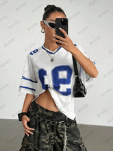 Load image into Gallery viewer, Summer New Black Speed 91 Print T-Shirt For Women V-Neck Patchwork Short Sleeve Sports Football Jersey Y2K Loose Oversized Tops
