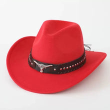 Load image into Gallery viewer, Western cowboy hat with bullhead rivets, curved brim, windproof rope, and felt for outdoor riding and jazz hats
