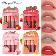 Load image into Gallery viewer, Mini Velvet Matte Lip Gloss Set 4 Piece Long Lasting Non Fading Non Stick Cup Fruit Scented Lip Tint Smooth Lightweight
