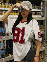 Load image into Gallery viewer, 2025 Summer New Retro No.91 Printed T-Shirt For Women V-Neck Short Sleeve Sports Football Jersey Y2K Loose Oversized Tops
