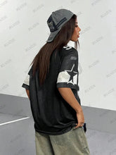 Load image into Gallery viewer, Summer New Black Speed 91 Print T-Shirt For Women V-Neck Patchwork Short Sleeve Sports Football Jersey Y2K Loose Oversized Tops
