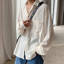 Load image into Gallery viewer, Shirts for men Apricot Handsome Lapel Men Blouse Vacation Hollow Out Sexy Fashion Men Clothing Male Mesh Long-sleeved Shirts
