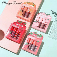 Load image into Gallery viewer, Mini Velvet Matte Lip Gloss Set 4 Piece Long Lasting Non Fading Non Stick Cup Fruit Scented Lip Tint Smooth Lightweight
