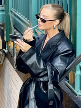 Load image into Gallery viewer, Women's Long PU Leather Jacket | Polo Collar Lace Detail Coat
