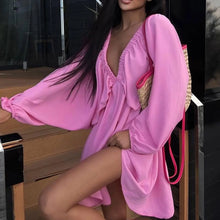 Load image into Gallery viewer, Deep V Neck Sexy Dress Temperament Retro Solid Color Pleated Dress Elegant Long Sleeve Large Size Casual Womens Dresses ropa
