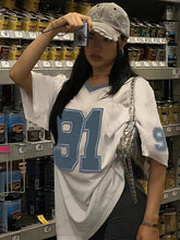 Load image into Gallery viewer, 2025 Summer New Retro No.91 Printed T-Shirt For Women V-Neck Short Sleeve Sports Football Jersey Y2K Loose Oversized Tops
