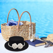 Load image into Gallery viewer, Women Wool Boater Hat Pearl Flower Decor Classic Flat Top Fedora Hat Wide Brim Church Derby Cap,French British Style
