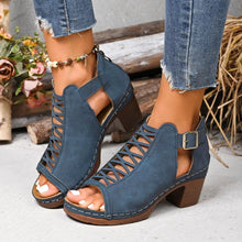 Load image into Gallery viewer, Women's Peep-Toe Block Heel Sandals | Single Strap Buckle Suede Heels in Denim Blue | EU 36–42
