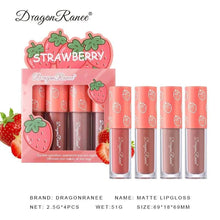 Load image into Gallery viewer, Mini Velvet Matte Lip Gloss Set 4 Piece Long Lasting Non Fading Non Stick Cup Fruit Scented Lip Tint Smooth Lightweight
