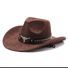 Load image into Gallery viewer, Western cowboy hat with bullhead rivets, curved brim, windproof rope, and felt for outdoor riding and jazz hats
