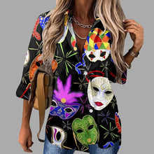 Load image into Gallery viewer, 🎭 Mardi Gras Women's V-Neck Long Sleeve Carnival Print Shirt
