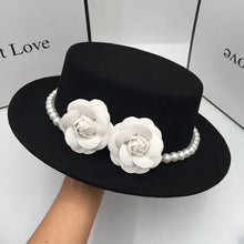 Load image into Gallery viewer, Women Wool Boater Hat Pearl Flower Decor Classic Flat Top Fedora Hat Wide Brim Church Derby Cap,French British Style
