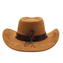 Load image into Gallery viewer, Western cowboy hat with bullhead rivets, curved brim, windproof rope, and felt for outdoor riding and jazz hats

