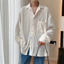 Load image into Gallery viewer, Shirts for men Apricot Handsome Lapel Men Blouse Vacation Hollow Out Sexy Fashion Men Clothing Male Mesh Long-sleeved Shirts
