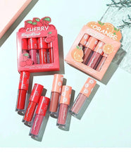 Load image into Gallery viewer, Mini Velvet Matte Lip Gloss Set 4 Piece Long Lasting Non Fading Non Stick Cup Fruit Scented Lip Tint Smooth Lightweight
