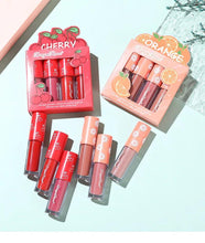 Load image into Gallery viewer, Mini Velvet Matte Lip Gloss Set 4 Piece Long Lasting Non Fading Non Stick Cup Fruit Scented Lip Tint Smooth Lightweight
