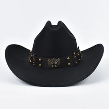 Load image into Gallery viewer, Men Women Western Cowboy Hat with Leather Vintage Big-edge Gentleman Cowgirl Hat Cloche Church Caps
