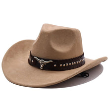Load image into Gallery viewer, Western cowboy hat with bullhead rivets, curved brim, windproof rope, and felt for outdoor riding and jazz hats
