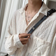 Load image into Gallery viewer, Shirts for men Apricot Handsome Lapel Men Blouse Vacation Hollow Out Sexy Fashion Men Clothing Male Mesh Long-sleeved Shirts
