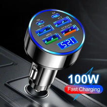 Load image into Gallery viewer, 66-250W PD Car Charger QC3.0 Fast Charge with Digital Display 4USB and 2PD Ports for Car Cigarette Lighter Plug
