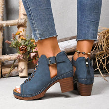Load image into Gallery viewer, Women's Peep-Toe Block Heel Sandals | Single Strap Buckle Suede Heels in Denim Blue | EU 36–42
