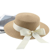Load image into Gallery viewer, Elegant Adult Bucket Hat Beach Summer Straw Hats for Women Beach Sun Straw Hat Wide Luxury Comfortable Hat  Flat Top Ribbon Bowknot Elegant Luxury Women Summer Hat 56-58cm
