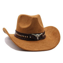 Load image into Gallery viewer, Western cowboy hat with bullhead rivets, curved brim, windproof rope, and felt for outdoor riding and jazz hats
