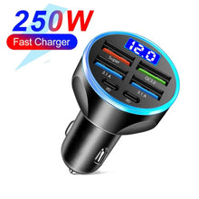 Load image into Gallery viewer, 66-250W PD Car Charger QC3.0 Fast Charge with Digital Display 4USB and 2PD Ports for Car Cigarette Lighter Plug
