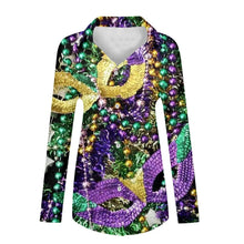Load image into Gallery viewer, 🎭 Mardi Gras Women's V-Neck Long Sleeve Carnival Print Shirt
